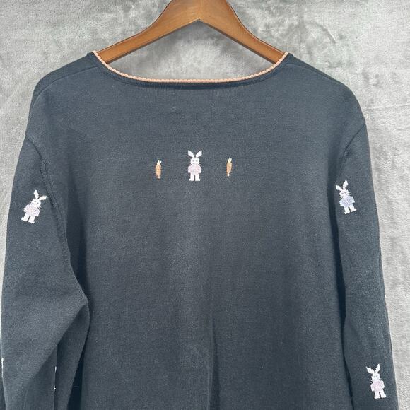 Vintage Quacker Factory Easter Sweater Womens 1X Black Bunny Embroidered Ramie - Picture 6 of 12